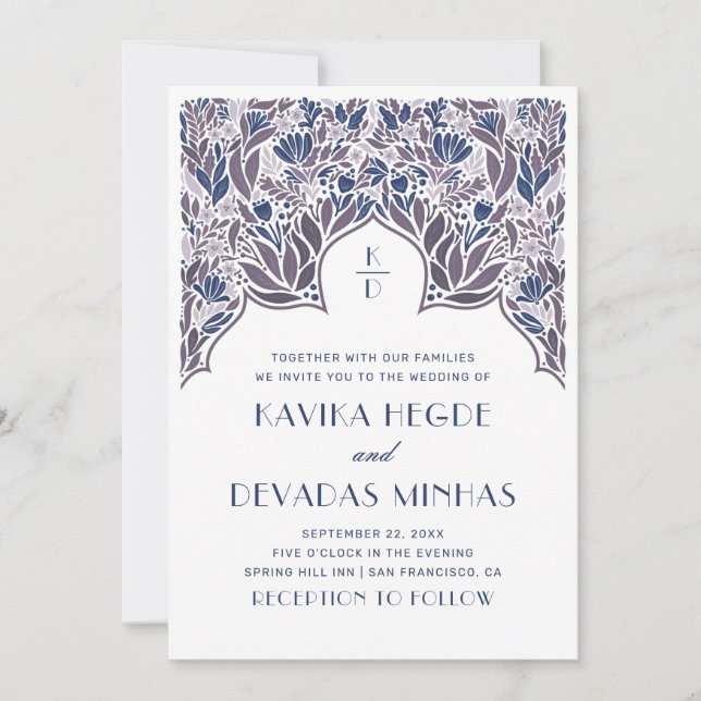 Purple blue floral Indian Bollywood asian wedding Invitation (Front)