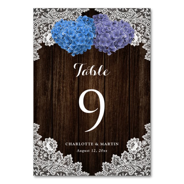 Purple Blue Floral Lace Rustic Wood Table Number (Front)