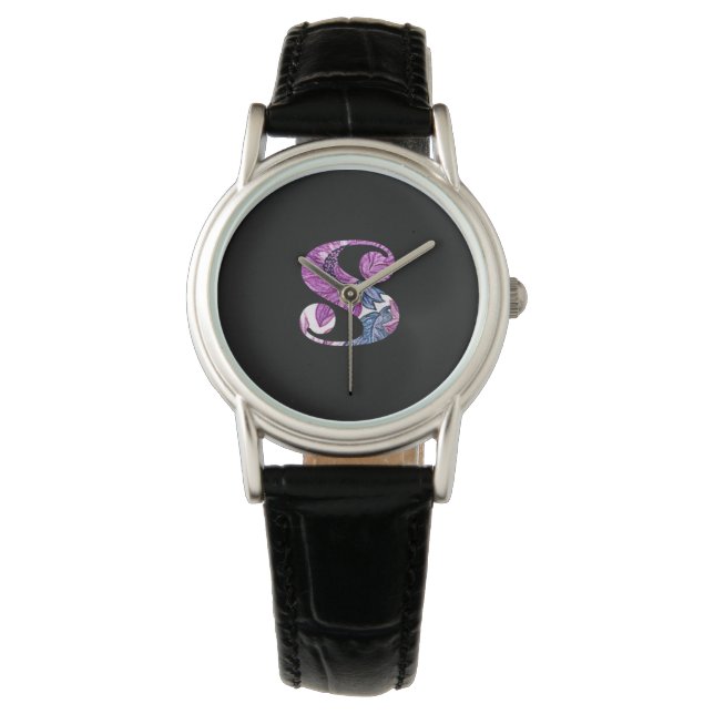 Purple Blue Floral Monogram S Watch (Front)