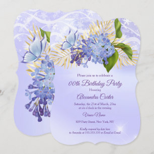 Purple Blue Floral Pretty butterfly Birthday Party Invitation