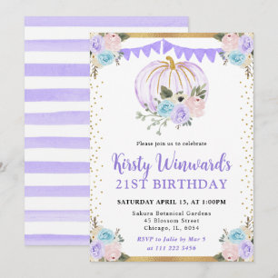 Purple & Blue Floral Pumpkins Fall 21st Birthday Invitation