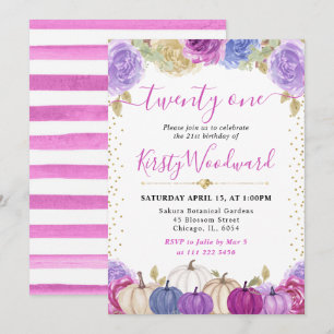Purple Blue Floral Pumpkins Fall 21st Birthday Invitation