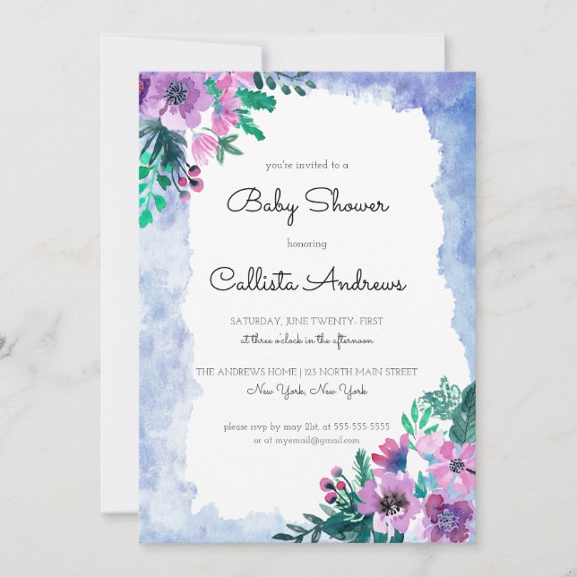 Purple Blue Floral Watercolor Baby Shower Invitation (Front)