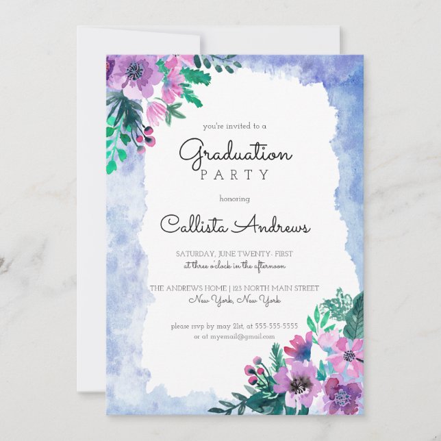 Purple Blue Floral Watercolor Graduation Party Invitation (Front)