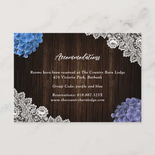 Purple Blue Floral Wedding Hotel Accommodation Enclosure Card (Front)