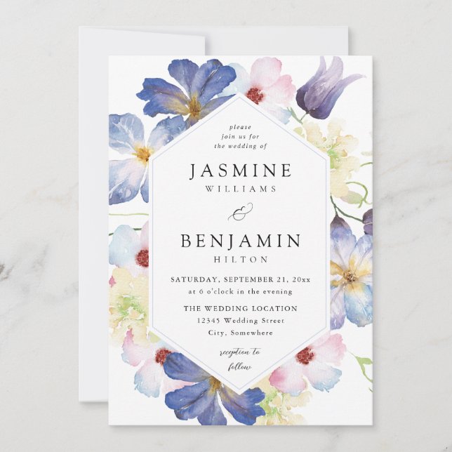 Purple Blue Floral Wedding Invitation (Front)