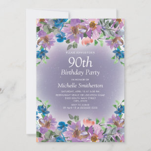 Purple Blue Floral Women's 90th Birthday Invitation