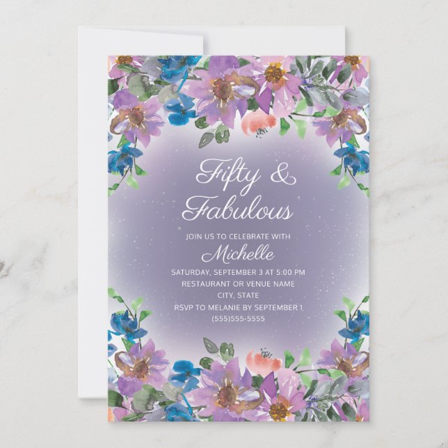 Purple Blue Floral Women's Fifty Fabulous Birthday Invitation (Front)