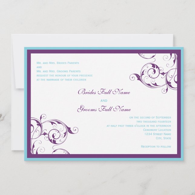 purple & blue flourish wedding invitation (Front)