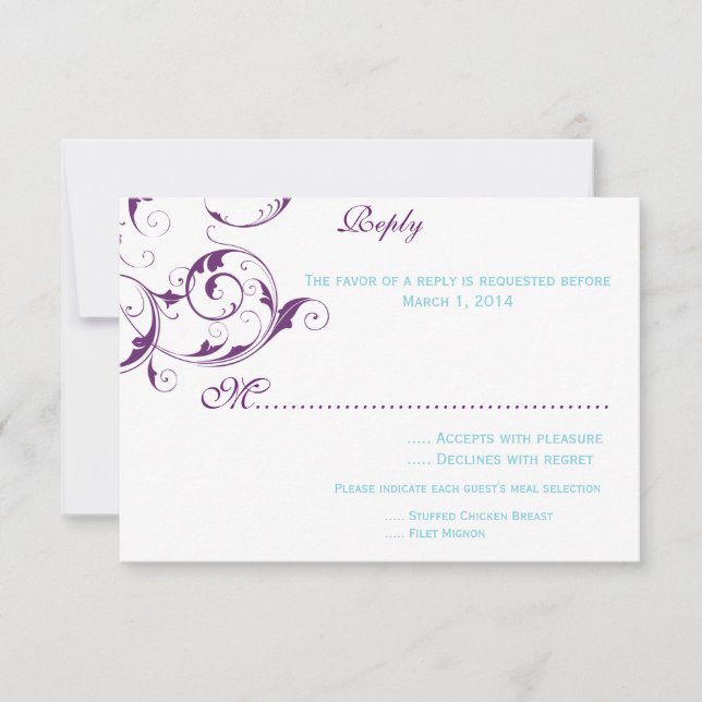 purple & blue flourish wedding invitation rsvp (Front)