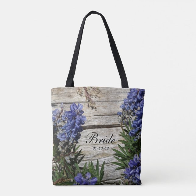 purple blue flower personalised Name Bride ,date Tote Bag (Back)