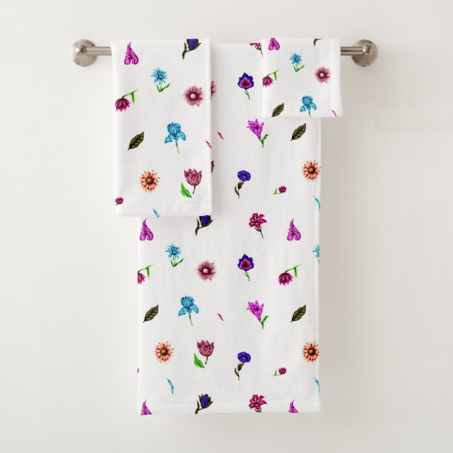 Purple & Blue Flower Print, Modern Floral Print Bath Towel Set (Insitu)