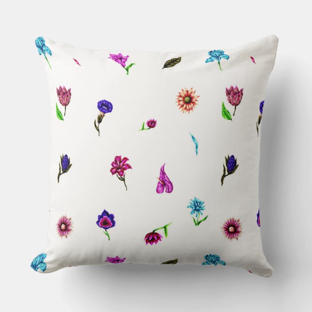 Purple & Blue Flower Print, Modern Floral Print Cushion (Front)