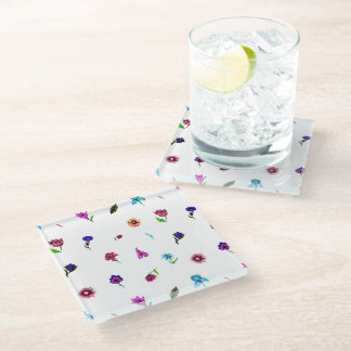 Purple & Blue Flower Print, Modern Floral Print Glass Coaster