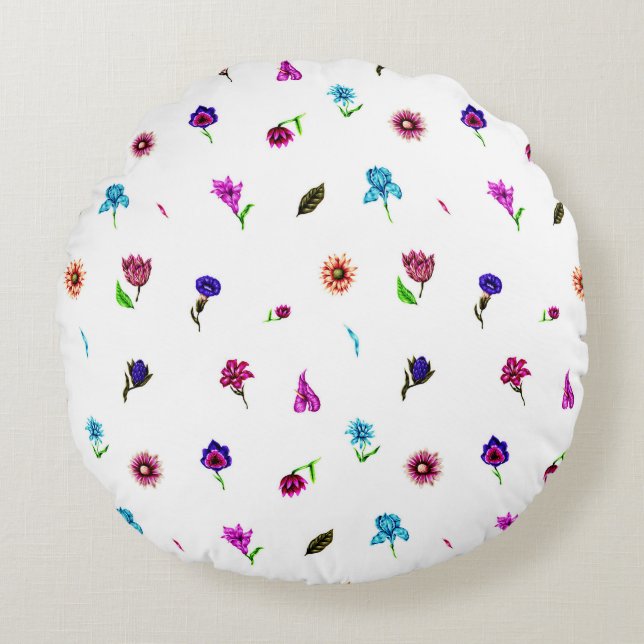 Purple & Blue Flower Print, Modern Floral Print Round Cushion (Front)
