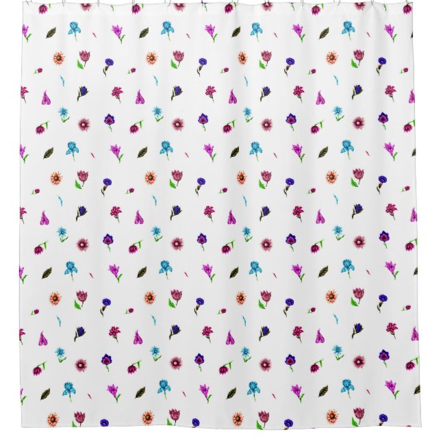 Purple & Blue Flower Print, Modern Floral Print Shower Curtain (Front)