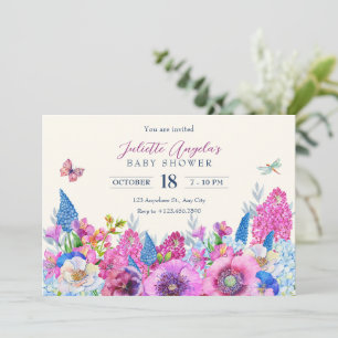 Purple blue flowers bloom spring baby shower invitation