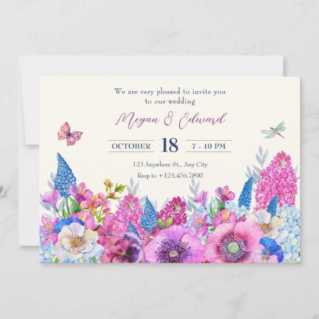 Purple blue flowers bloom spring wedding  invitation (Front)