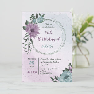 purple blue flowers botanical birthday  invitation