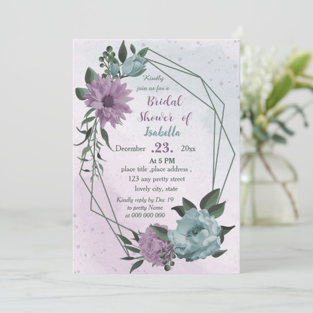 purple blue flowers botanical bridal shower invitation (Standing Front)