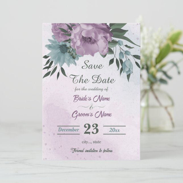 purple blue flowers botanical save the date (Standing Front)