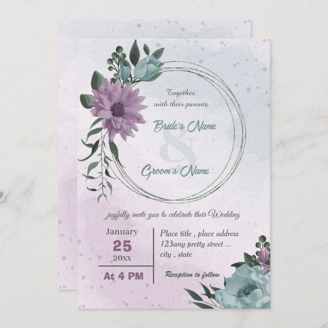 purple blue flowers botanical wedding invitation (Front/Back)