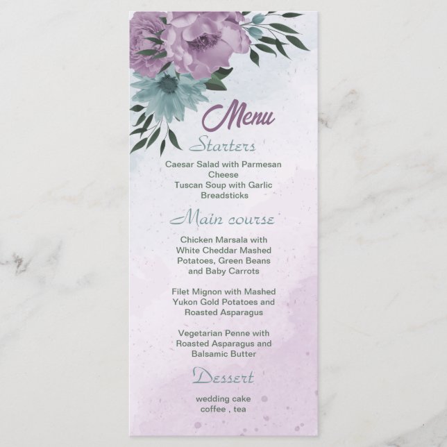 purple blue flowers botanical wedding menu (Front)