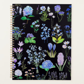 purple blue flowers  oil painting effect black planner