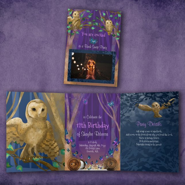 Purple, Blue Forest, Owls, Butterflies Birthday Tri-Fold Invitation (purple blue owls butterflies magical forest birthday trifold invitation 12th book swap party)