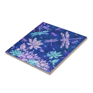 Purple Blue Glitter Flowers & Dragonflies - Beauty Ceramic Tile