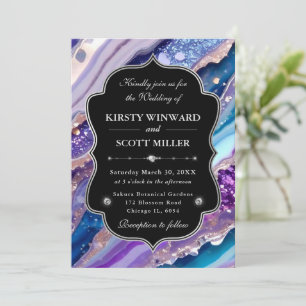 Purple Blue Glitter Marble Elegant Wedding Invitation