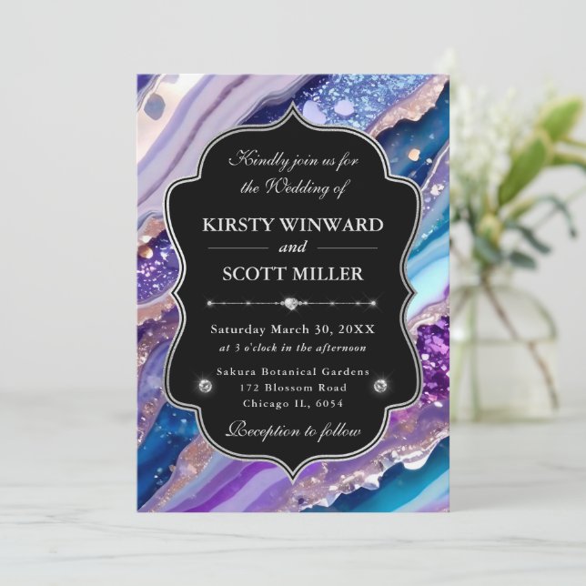 Purple Blue Glitter Marble Elegant Wedding Invitation (Standing Front)