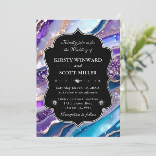 Purple Blue Glitter Marble Elegant Wedding Invitation