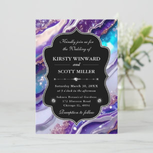 Purple Blue Glitter Marble Elegant Wedding Invitation