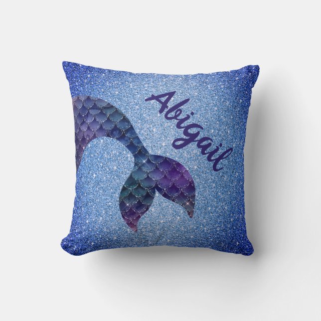 Purple Blue Glitter Mermaid Tail Custom Name Cushion (Front)