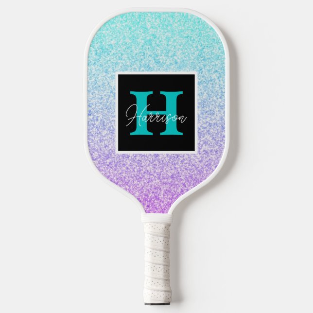 Purple & Blue Glitter Monogram Name Customisable Pickleball Paddle (Front)