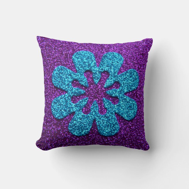 Purple & Blue Glitter Retro Flower Cushion (Front)