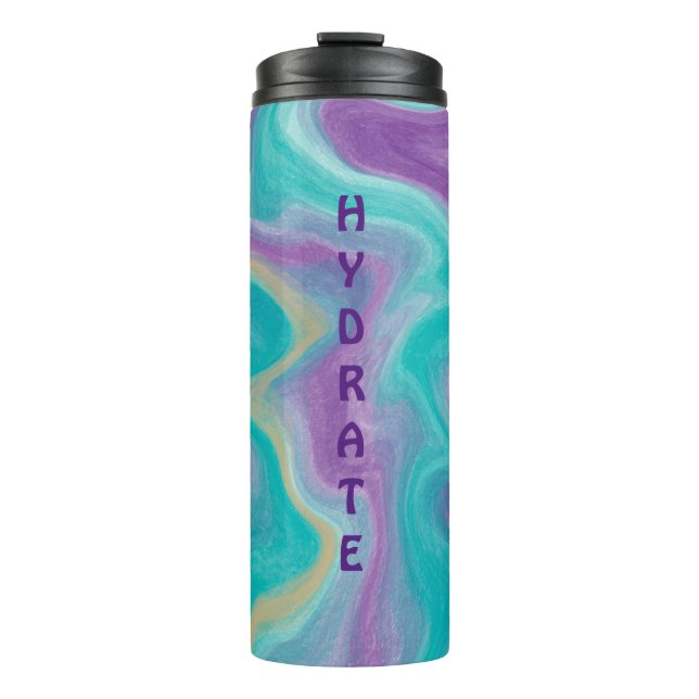 Purple, Blue, Gold and Teal Swirls HYDRATE Thermal Tumbler (Front)