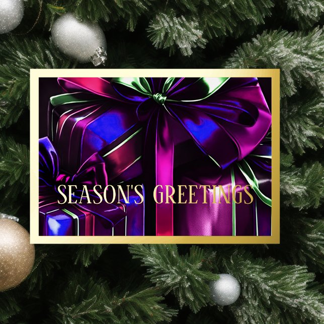 Purple Blue Gold Gifts Season's Greetings Holiday Card (Creator Uploaded)
