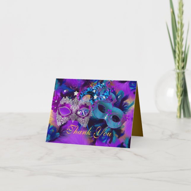 Purple Blue & Gold Masks Masquerade Thank You Card (Front)