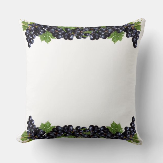 Purple Blue Grapes with Green Leaves on White Cushion (Front)
