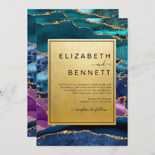 Purple Blue Green Agate Gold Glitter Wedding Invitation