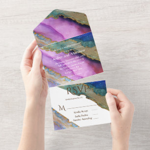 Purple Blue Green Alcohol Ink Wedding All In One Invitation