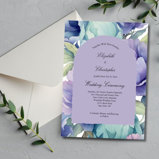 Purple Blue Green Floral Arch Wedding Invitation (Purple blue green pastel watercolor florals elegant arch wedding invitation. Printed or Digital)