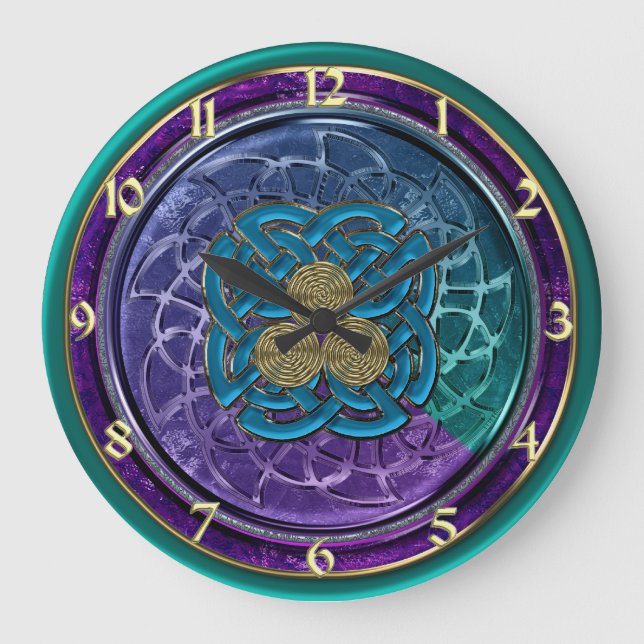 Purple Blue Green Gold Metallic Celtic Knots Clock (Front)