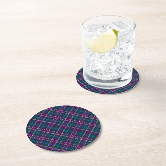 Purple, Blue & Green Plaid Round Paper Coaster (Insitu)