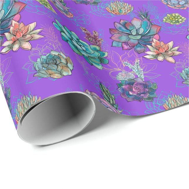 *~* Purple Blue Green Succulent Pattern Wrapping Paper (Roll Corner)