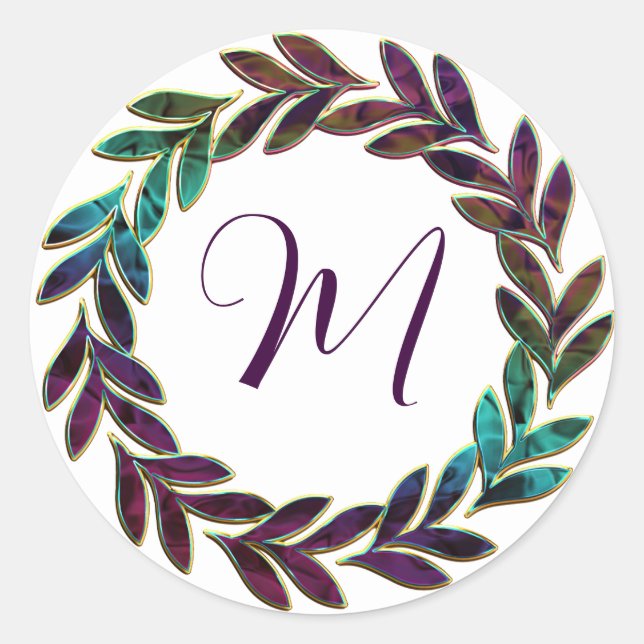 Purple Blue Green Wreath Design Monogram Initial Classic Round Sticker (Front)