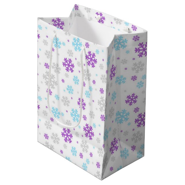 Purple Blue Grey Winter Snowflake Patter Medium Gift Bag (Front Angled)