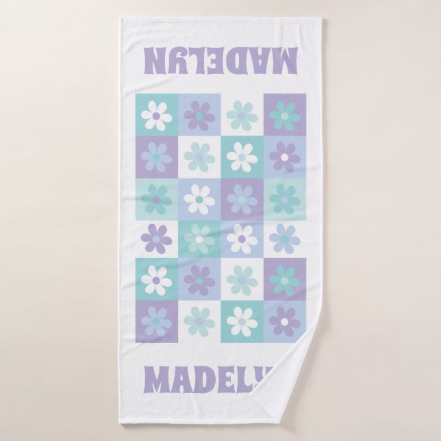 Purple Blue Groovy Daisy Chequerboard Bath Towel (Bath Towel)